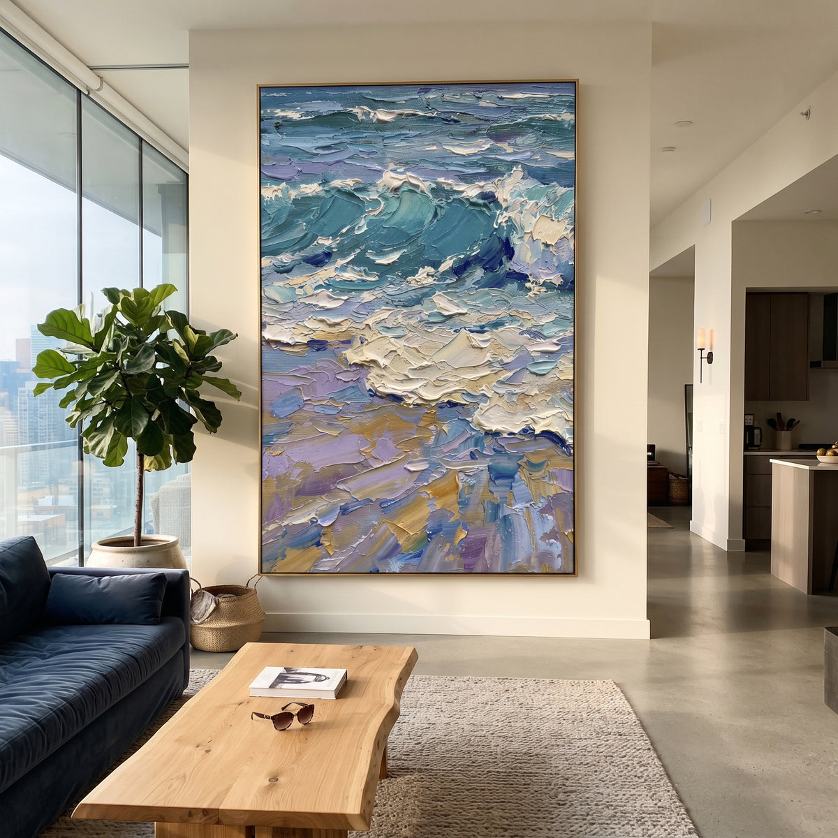 This blue green ocean wave impasto painting is shaped by rolling teal-blue water, thick white surf, lavender shadows, and sandy accents. The raised palette-knife surface gives the vertical seascape energetic coastal movement.