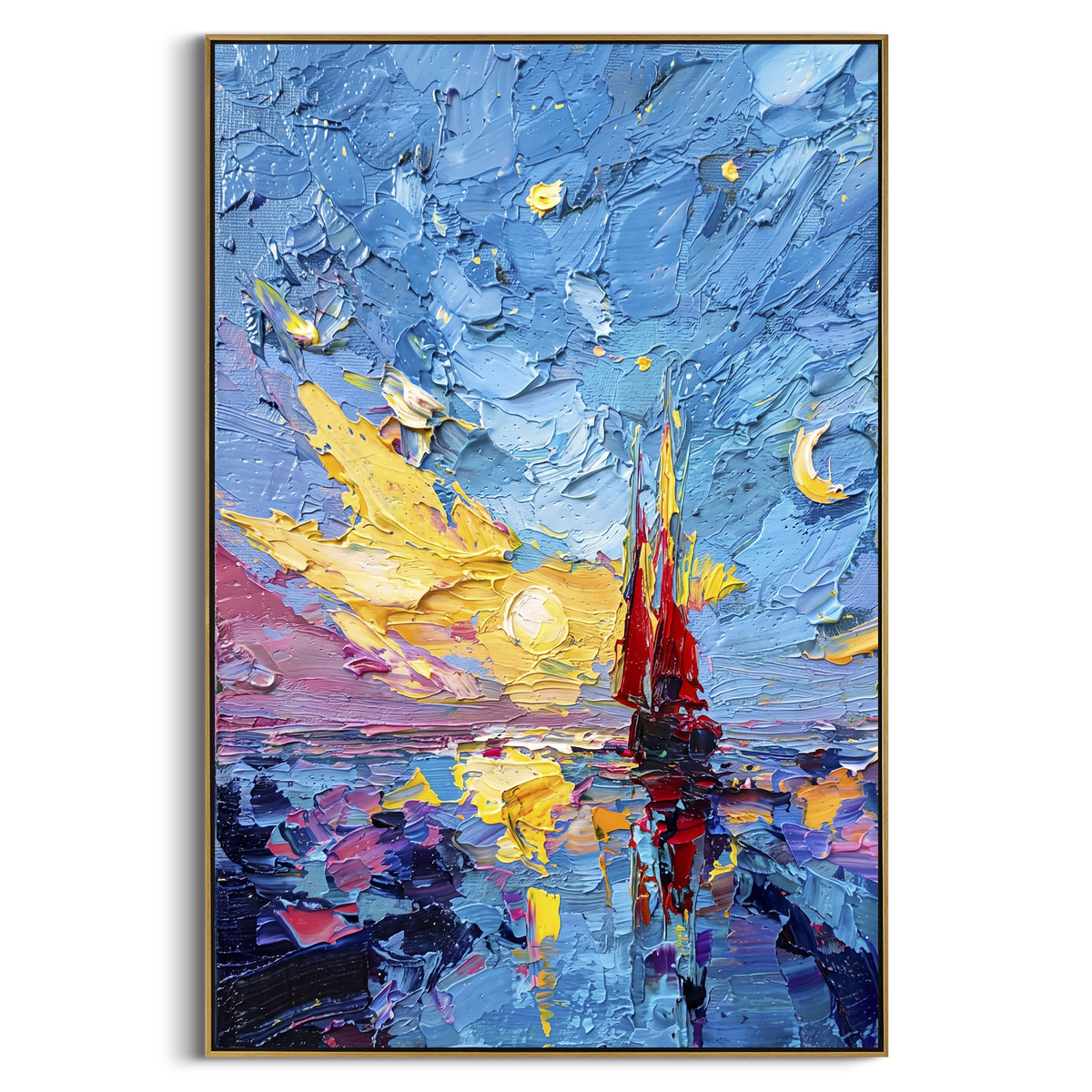 "Red Sailboat Sunset Impasto" - Modern Heavy Impasto Sailboat Seascape | Blue & Yellow Palette Knife Painting | Luxury Vertical Wall Art #PT 1683