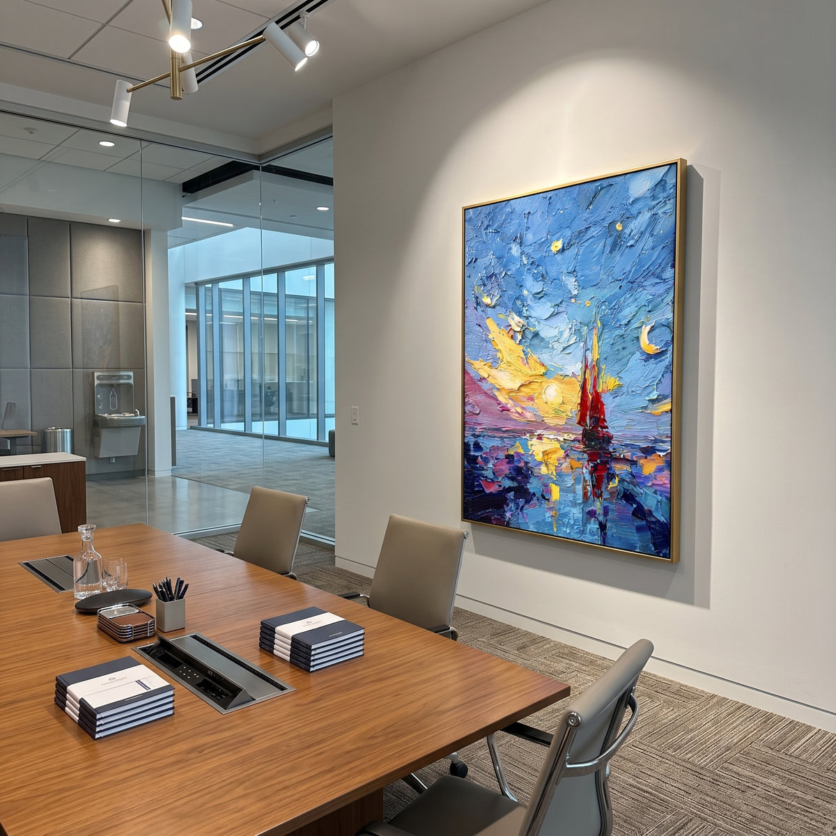 This red sailboat sunset impasto painting pairs a small red sailboat with vivid blue sky, golden light, and colorful reflected water. Heavy palette-knife texture gives the scene a bright handmade coastal energy.