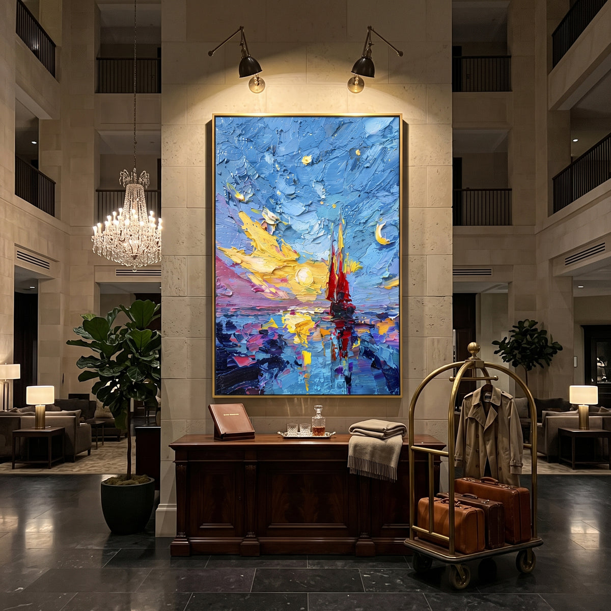 This red sailboat sunset impasto painting pairs a small red sailboat with vivid blue sky, golden light, and colorful reflected water. Heavy palette-knife texture gives the scene a bright handmade coastal energy.