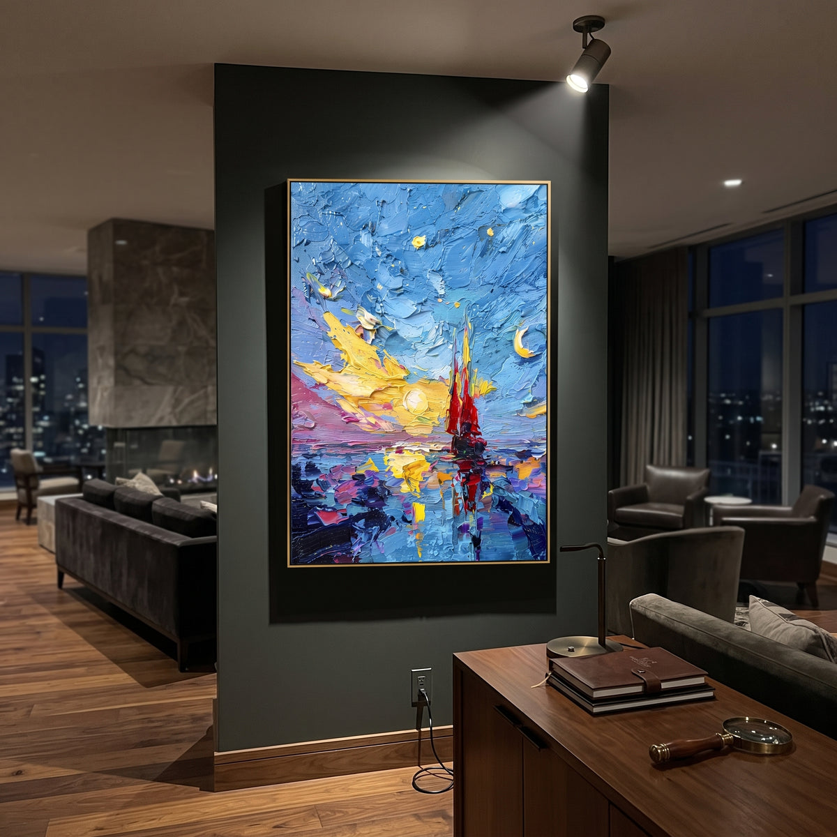 This red sailboat sunset impasto painting pairs a small red sailboat with vivid blue sky, golden light, and colorful reflected water. Heavy palette-knife texture gives the scene a bright handmade coastal energy.