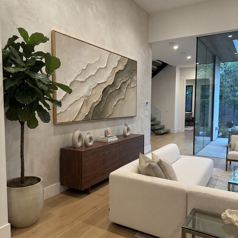 "Neutral Stratified Plaster Relief" - Modern Heavy Impasto Topographic Abstract | Beige & White Palette Knife Painting | Luxury Horizontal Wall Art #PT 1684