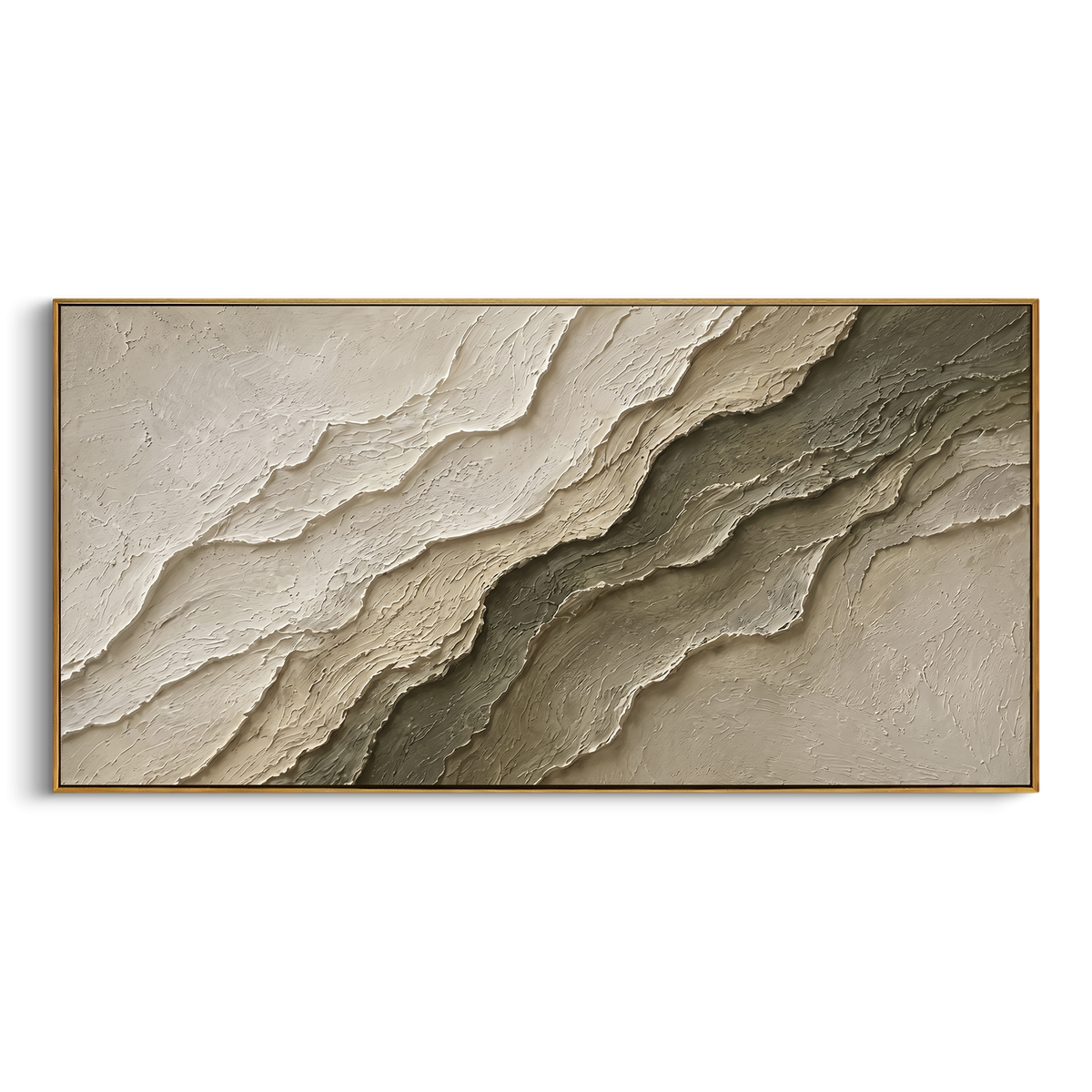 This neutral stratified plaster relief painting uses layered ivory and grey-brown ridges to suggest carved stone strata or quiet terrain. Its wide format and raised handmade texture create a restrained sculptural focal point for modern interiors.