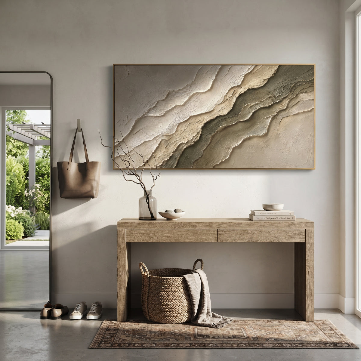 This neutral stratified plaster relief painting uses layered ivory and grey-brown ridges to suggest carved stone strata or quiet terrain. Its wide format and raised handmade texture create a restrained sculptural focal point for modern interiors.