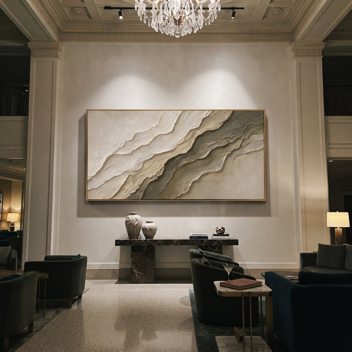 This neutral stratified plaster relief painting uses layered ivory and grey-brown ridges to suggest carved stone strata or quiet terrain. Its wide format and raised handmade texture create a restrained sculptural focal point for modern interiors.