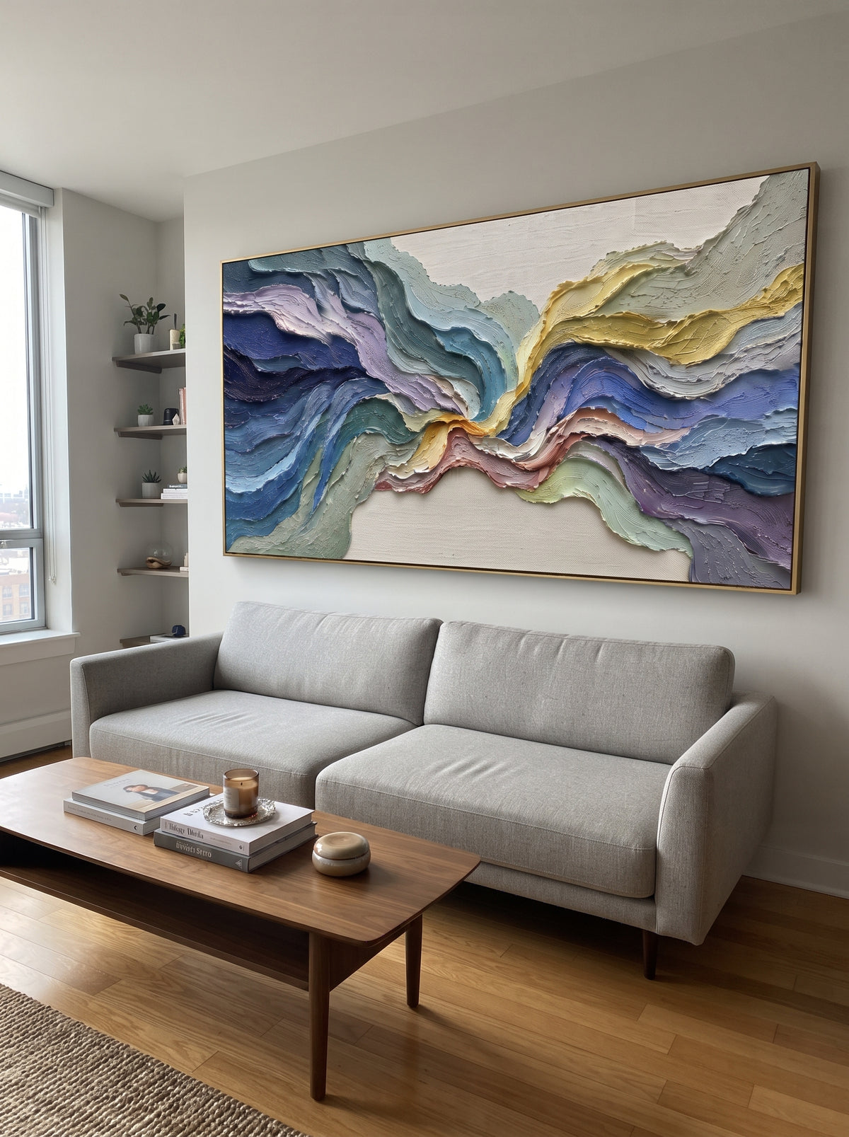 This colorful flowing terrain relief painting is built from thick curving bands of blue, teal, lavender, sage, and golden yellow. The panoramic composition feels like abstract topography, giving the wall layered motion and bright handmade texture.