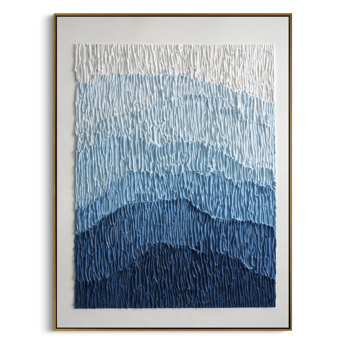 This blue mountain gradient relief painting uses stacked blue bands and vertical combed plaster texture to suggest distant mountains, glaciers, or rolling terrain. Its restrained blue-white palette gives the vertical canvas a calm architectural presence.