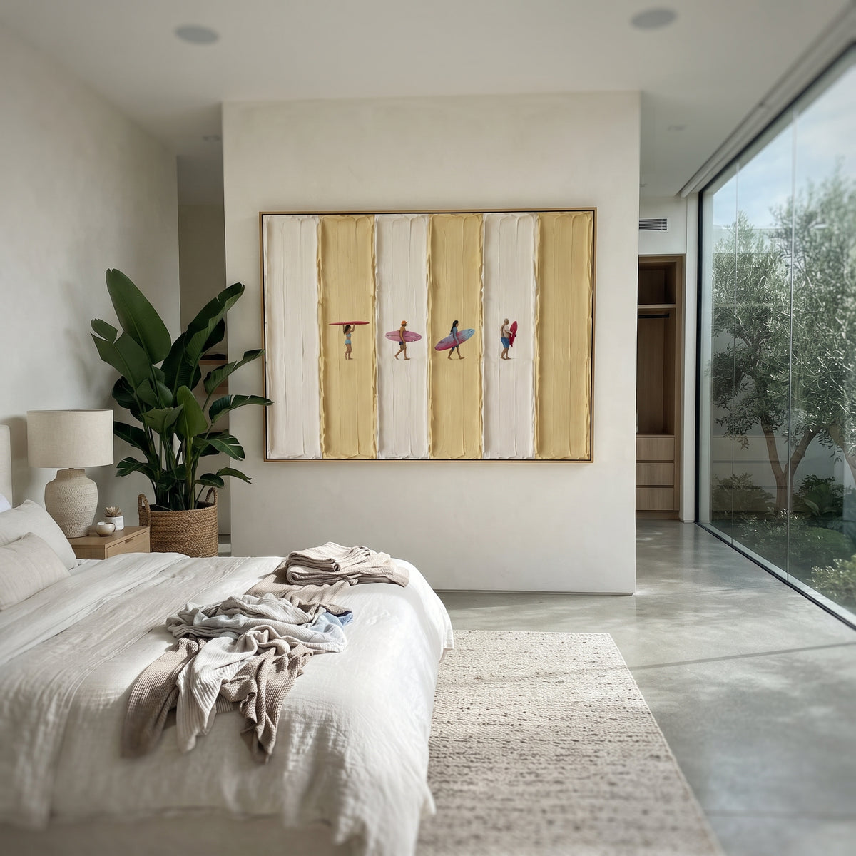 This striped surfer beach relief painting pairs raised ivory and yellow plaster bands with a row of tiny beach figures carrying colorful surfboards. The wide format brings a playful coastal rhythm while preserving a handmade textured surface.