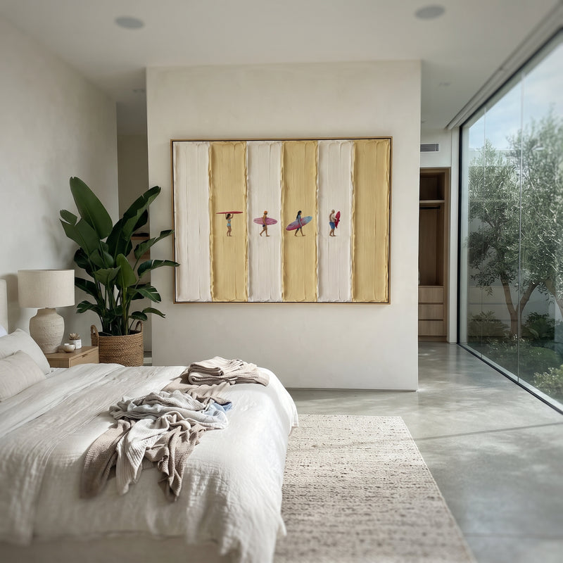 "Striped Surfer Beach Relief" - Modern Heavy Impasto Beach Figure Artwork | Yellow & White Palette Knife Painting | Luxury Horizontal Wall Art #PT 1687