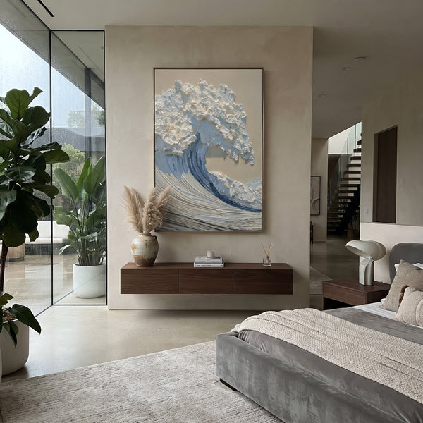 "Blue White Curling Wave Relief" - Modern Heavy Impasto Ocean Wave Seascape | Blue & White Palette Knife Painting | Luxury Vertical Wall Art #PT 1688