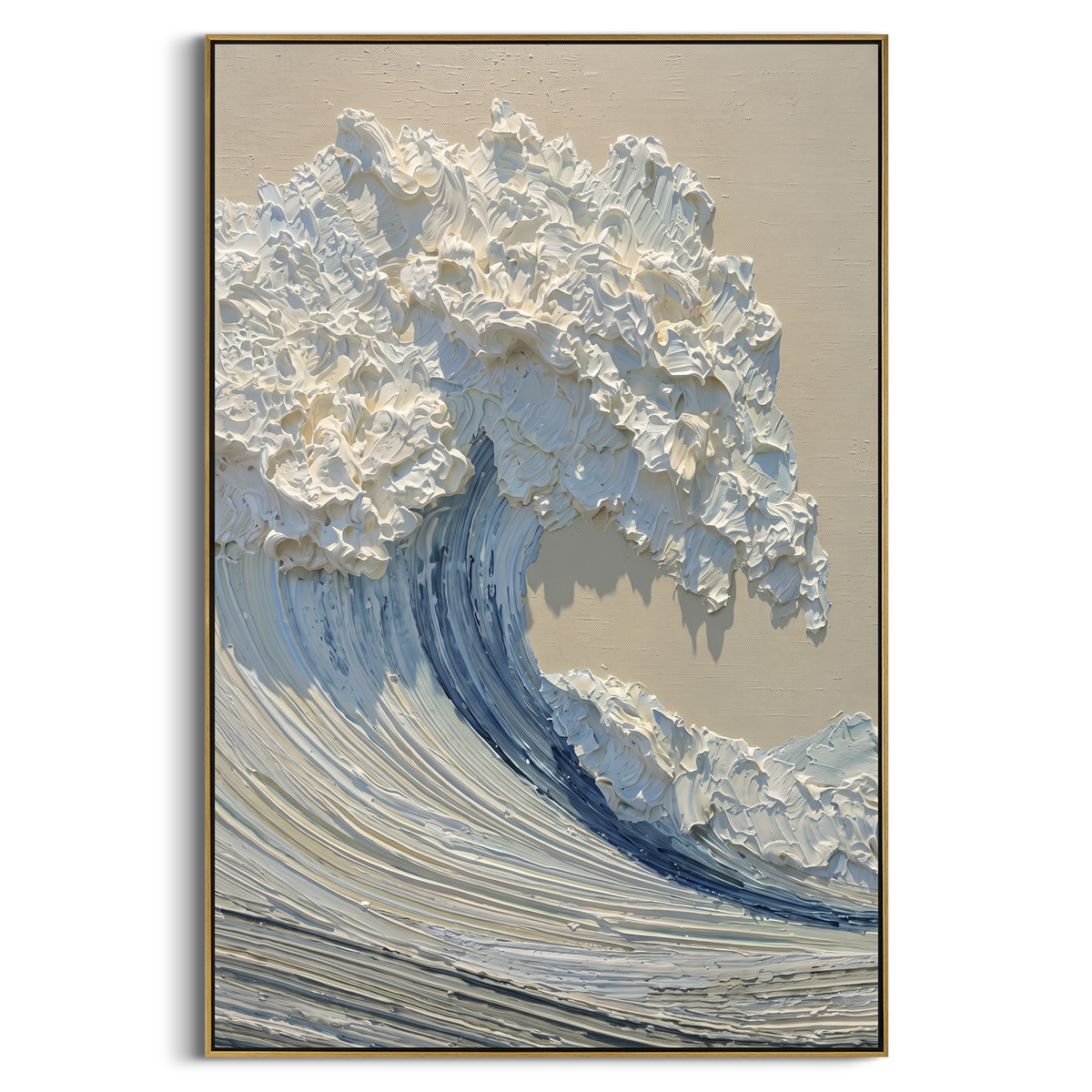 This blue white curling wave relief painting captures a sculptural ocean wave with raised foam and combed blue water. Its vertical composition gives the seascape a dramatic coastal presence while the palette remains clean and refined.