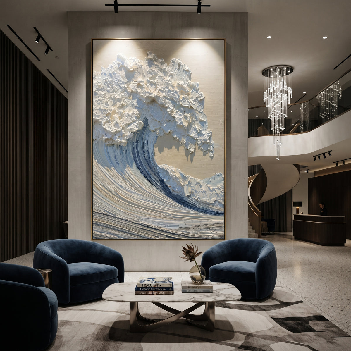 This blue white curling wave relief painting captures a sculptural ocean wave with raised foam and combed blue water. Its vertical composition gives the seascape a dramatic coastal presence while the palette remains clean and refined.
