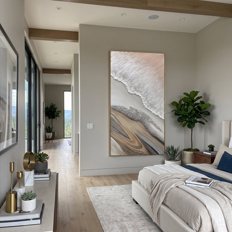 "Abstract Shoreline Relief" - Modern Heavy Impasto Ocean Wave Seascape | Beige & White Palette Knife Painting | Luxury Vertical Wall Art #PT 1689