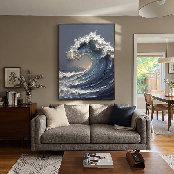 "Storm Blue Ocean Wave Relief" - Modern Heavy Impasto Ocean Wave Seascape | Blue & White Palette Knife Painting | Luxury Vertical Wall Art #PT 1690