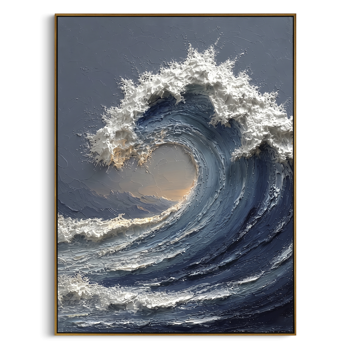 Storm Blue Ocean Wave Relief focuses on this hand-painted vertical textured canvas features a powerful curling ocean wave in deep blue and grey, with raised white foam and warm light inside the breaking wave. The composition is described from the actual main image, so the visible subject, color balance, spacing, and surface movement stay specific to this product instead of reading like a batch title. Raised palette-knife layers, sculpted impasto ridges, softened brush transitions, and tactile