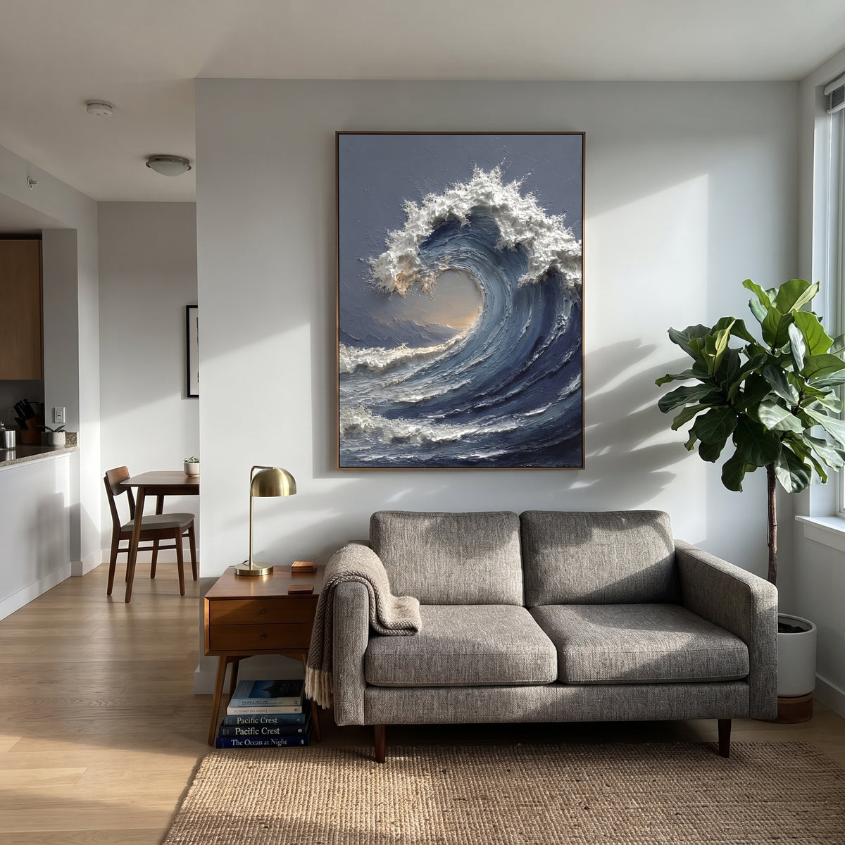 Storm Blue Ocean Wave Relief focuses on this hand-painted vertical textured canvas features a powerful curling ocean wave in deep blue and grey, with raised white foam and warm light inside the breaking wave. The composition is described from the actual main image, so the visible subject, color balance, spacing, and surface movement stay specific to this product instead of reading like a batch title. Raised palette-knife layers, sculpted impasto ridges, softened brush transitions, and tactile