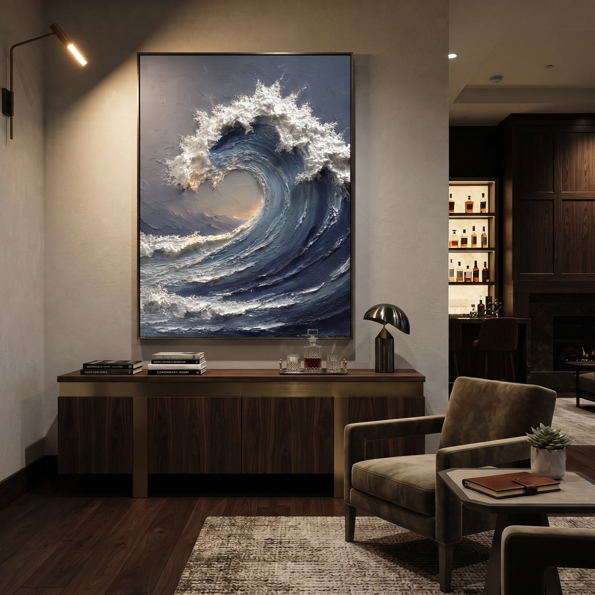 Storm Blue Ocean Wave Relief focuses on this hand-painted vertical textured canvas features a powerful curling ocean wave in deep blue and grey, with raised white foam and warm light inside the breaking wave. The composition is described from the actual main image, so the visible subject, color balance, spacing, and surface movement stay specific to this product instead of reading like a batch title. Raised palette-knife layers, sculpted impasto ridges, softened brush transitions, and tactile