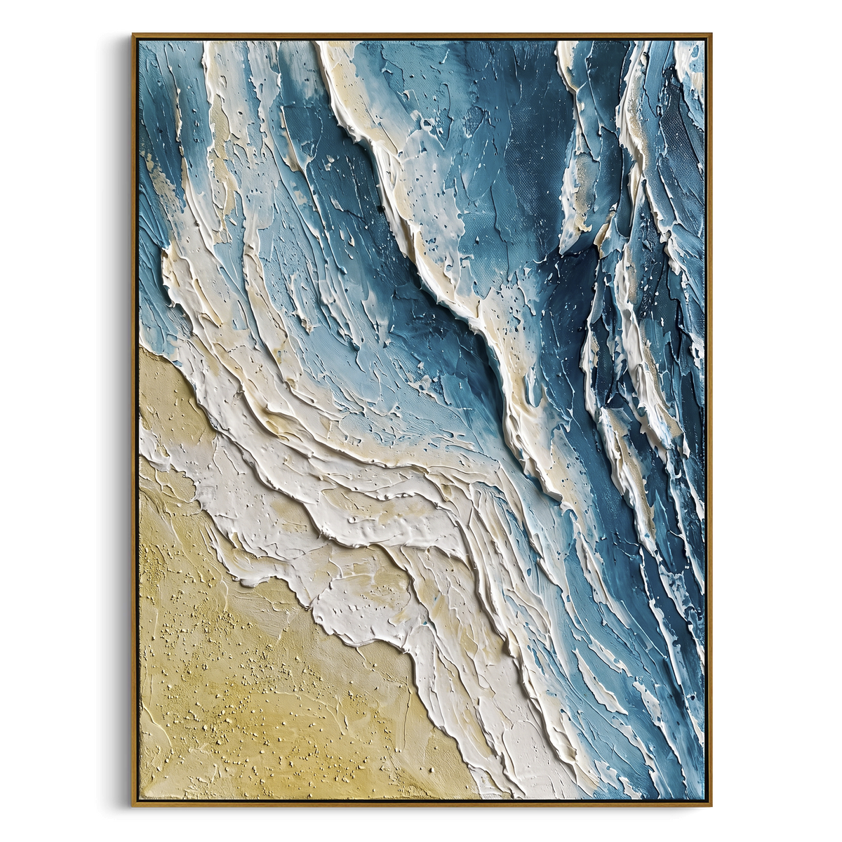 Blue Shoreline Plaster Relief focuses on this hand-painted vertical textured canvas features blue and white shoreline forms, sandy beige texture, and layered plaster strokes that suggest surf meeting the beach from an abstract aerial view. The composition is described from the actual main image, so the visible subject, color balance, spacing, and surface movement stay specific to this product instead of reading like a batch title. Raised palette-knife layers, sculpted impasto ridges, softened