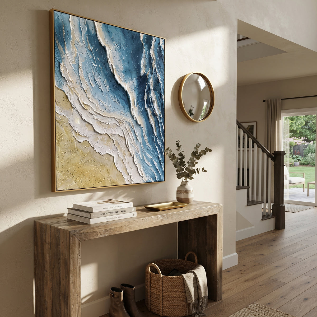 Blue Shoreline Plaster Relief focuses on this hand-painted vertical textured canvas features blue and white shoreline forms, sandy beige texture, and layered plaster strokes that suggest surf meeting the beach from an abstract aerial view. The composition is described from the actual main image, so the visible subject, color balance, spacing, and surface movement stay specific to this product instead of reading like a batch title. Raised palette-knife layers, sculpted impasto ridges, softened