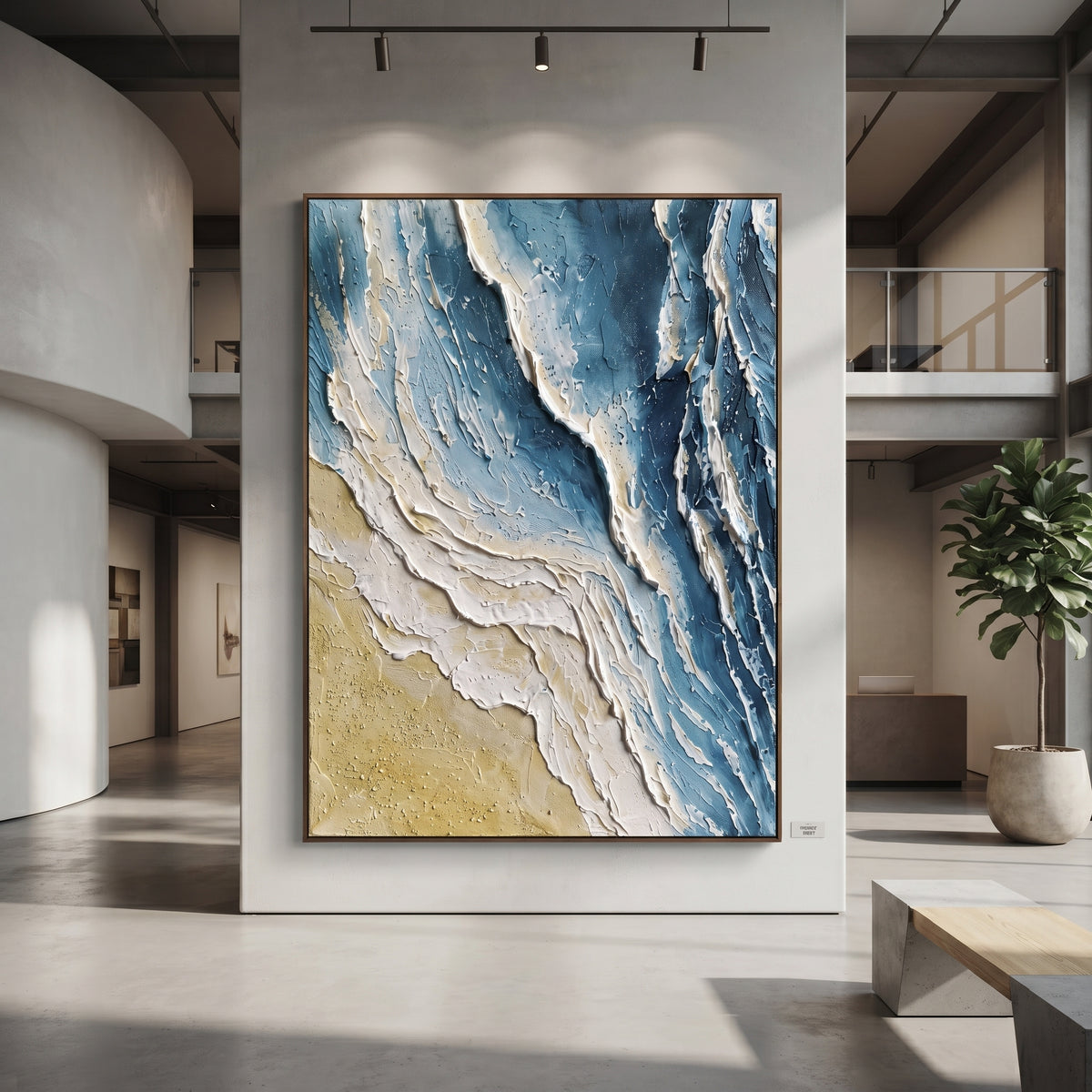 Blue Shoreline Plaster Relief focuses on this hand-painted vertical textured canvas features blue and white shoreline forms, sandy beige texture, and layered plaster strokes that suggest surf meeting the beach from an abstract aerial view. The composition is described from the actual main image, so the visible subject, color balance, spacing, and surface movement stay specific to this product instead of reading like a batch title. Raised palette-knife layers, sculpted impasto ridges, softened