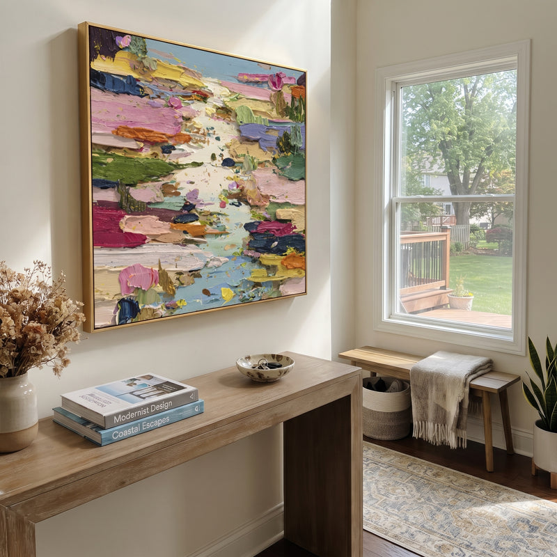 "Colorful Lily Pond Impasto" - Modern Heavy Impasto Floral Abstract | Pink & Green Palette Knife Painting | Luxury Square Wall Art #PT 1692