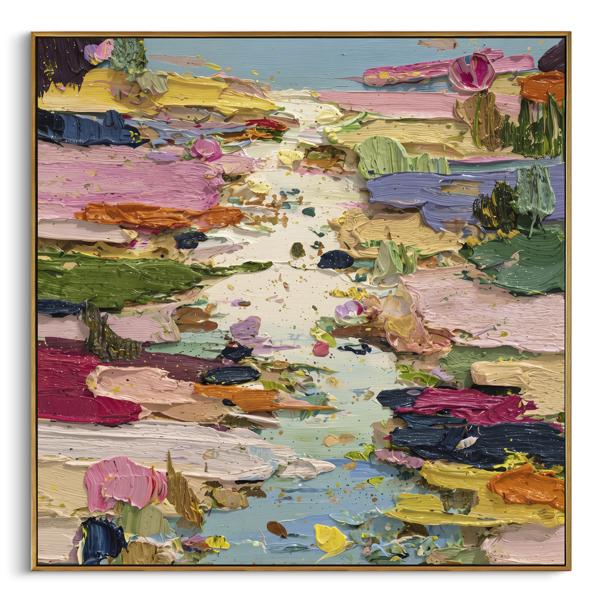 Colorful Lily Pond Impasto focuses on this hand-painted square textured canvas presents a colorful lily pond abstraction with pink blossoms, green pads, blue water, yellow and orange accents, and thick expressive impasto texture. The composition is described from the actual main image, so the visible subject, color balance, spacing, and surface movement stay specific to this product instead of reading like a batch title. Raised palette-knife layers, sculpted impasto ridges, softened brush
