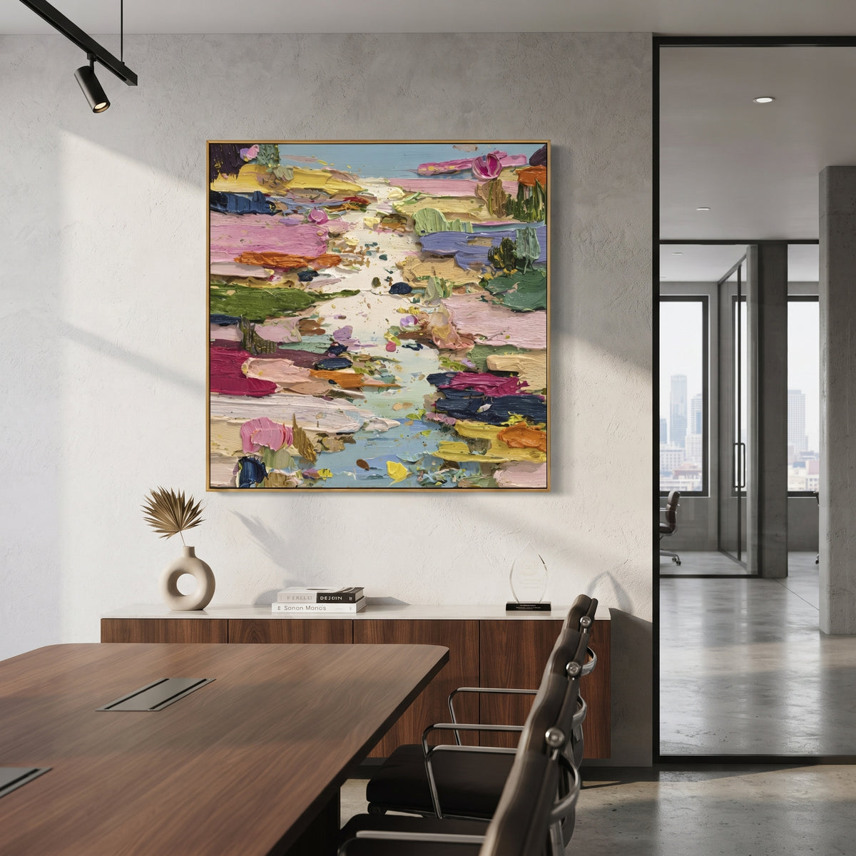 Colorful Lily Pond Impasto focuses on this hand-painted square textured canvas presents a colorful lily pond abstraction with pink blossoms, green pads, blue water, yellow and orange accents, and thick expressive impasto texture. The composition is described from the actual main image, so the visible subject, color balance, spacing, and surface movement stay specific to this product instead of reading like a batch title. Raised palette-knife layers, sculpted impasto ridges, softened brush