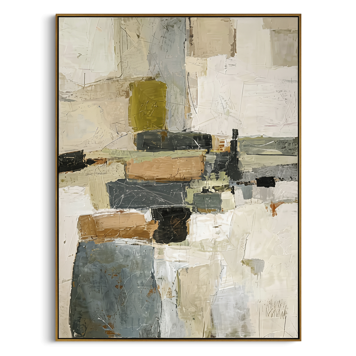 Neutral Geometric Block Relief focuses on this hand-painted vertical textured canvas features layered neutral geometric blocks, ivory ground, grey panels, black accents, tan passages, and fine scratched linework. The composition is described from the actual main image, so the visible subject, color balance, spacing, and surface movement stay specific to this product instead of reading like a batch title. Raised palette-knife layers, sculpted impasto ridges, softened brush transitions, and