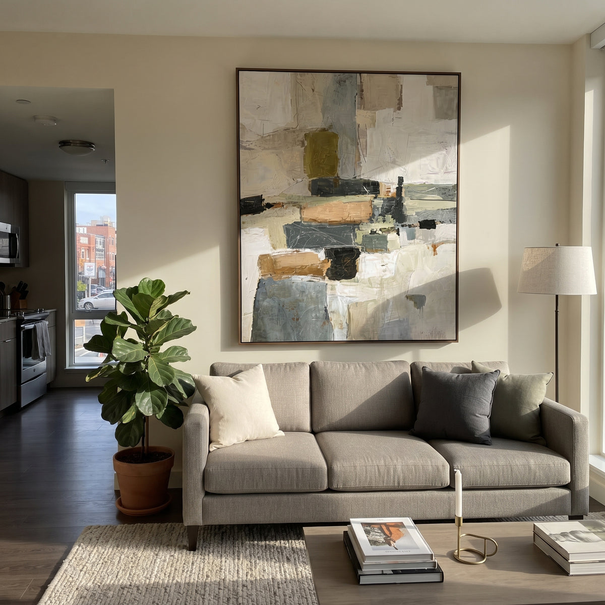 Neutral Geometric Block Relief focuses on this hand-painted vertical textured canvas features layered neutral geometric blocks, ivory ground, grey panels, black accents, tan passages, and fine scratched linework. The composition is described from the actual main image, so the visible subject, color balance, spacing, and surface movement stay specific to this product instead of reading like a batch title. Raised palette-knife layers, sculpted impasto ridges, softened brush transitions, and