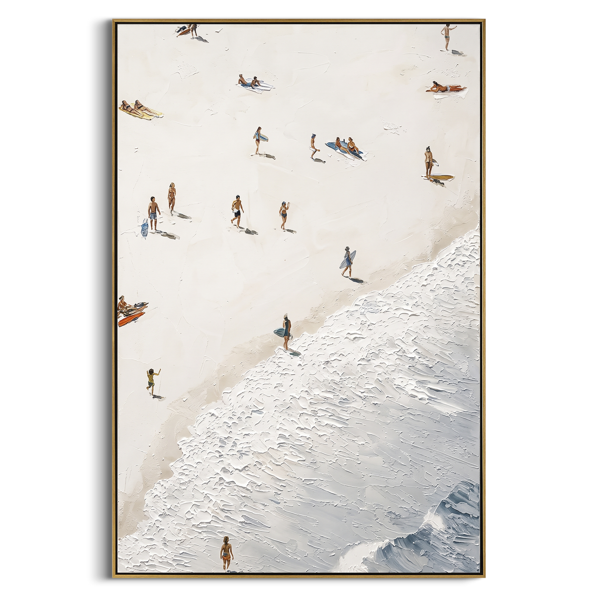 White Beach Surfer Relief focuses on this hand-painted vertical textured canvas shows tiny beachgoers and surfers scattered across a pale sandy beach, with raised white shoreline foam and subtle plaster texture. The composition is described from the actual main image, so the visible subject, color balance, spacing, and surface movement stay specific to this product instead of reading like a batch title. Raised palette-knife layers, sculpted impasto ridges, softened brush transitions, and tactile