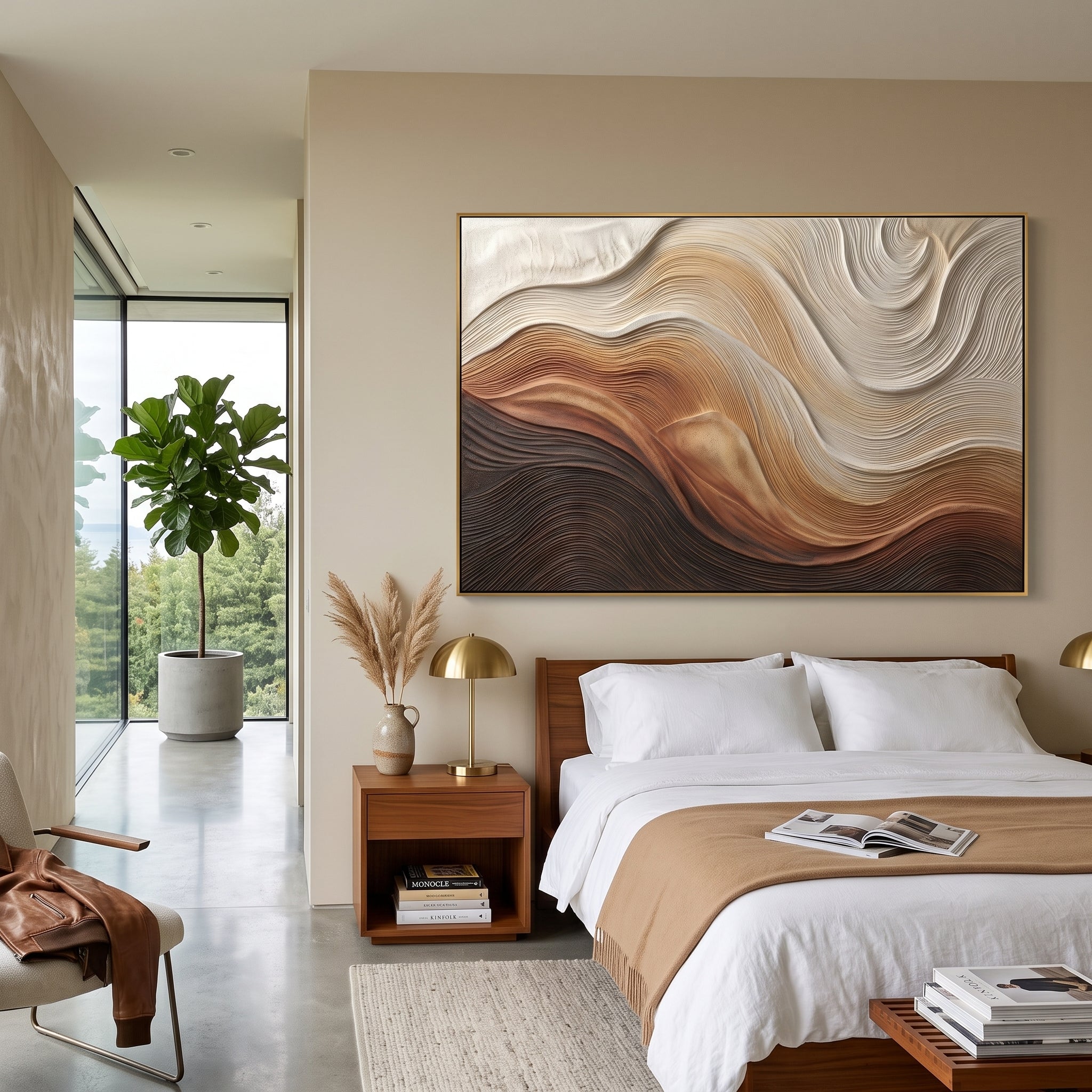 Warm Sand Dune Relief focuses on this hand-painted horizontal textured canvas features flowing carved contour lines in warm brown, tan, ivory, and black, forming a dune-like abstract terrain with sculptural plaster depth. The composition is described from the actual main image, so the visible subject, color balance, spacing, and surface movement stay specific to this product instead of reading like a batch title. Raised palette-knife layers, sculpted impasto ridges, softened brush transitions