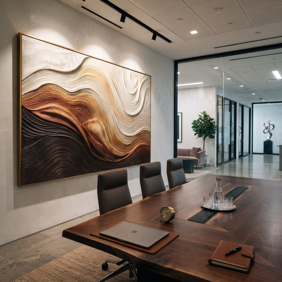 Warm Sand Dune Relief focuses on this hand-painted horizontal textured canvas features flowing carved contour lines in warm brown, tan, ivory, and black, forming a dune-like abstract terrain with sculptural plaster depth. The composition is described from the actual main image, so the visible subject, color balance, spacing, and surface movement stay specific to this product instead of reading like a batch title. Raised palette-knife layers, sculpted impasto ridges, softened brush transitions