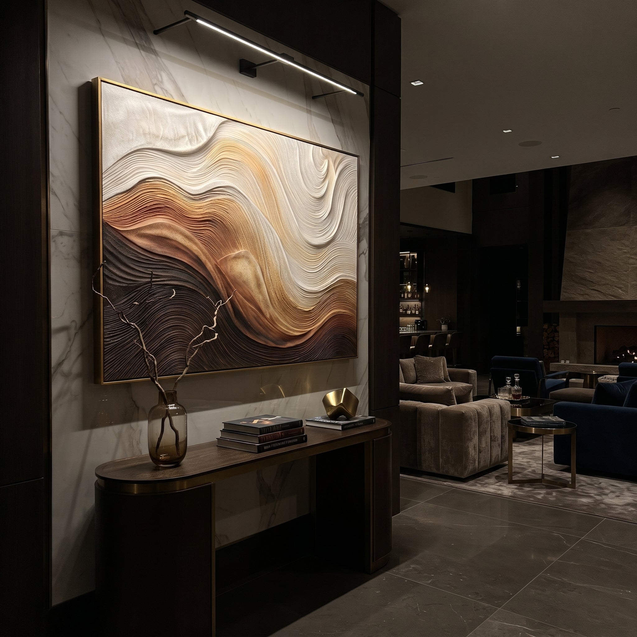 Warm Sand Dune Relief focuses on this hand-painted horizontal textured canvas features flowing carved contour lines in warm brown, tan, ivory, and black, forming a dune-like abstract terrain with sculptural plaster depth. The composition is described from the actual main image, so the visible subject, color balance, spacing, and surface movement stay specific to this product instead of reading like a batch title. Raised palette-knife layers, sculpted impasto ridges, softened brush transitions