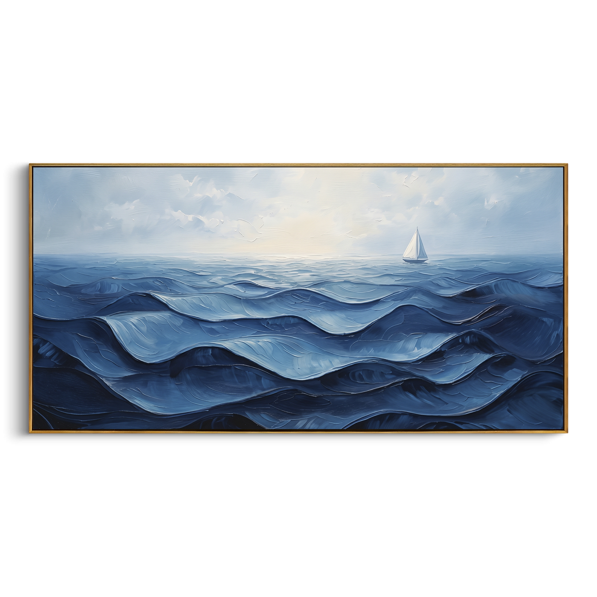 Blue Sailboat Ocean Relief focuses on this hand-painted panoramic textured canvas presents layered blue ocean waves under a pale sky, with a small white sailboat near the horizon and softly raised impasto water movement. The composition is described from the actual main image, so the visible subject, color balance, spacing, and surface movement stay specific to this product instead of reading like a batch title. Raised palette-knife layers, sculpted impasto ridges, softened brush transitions