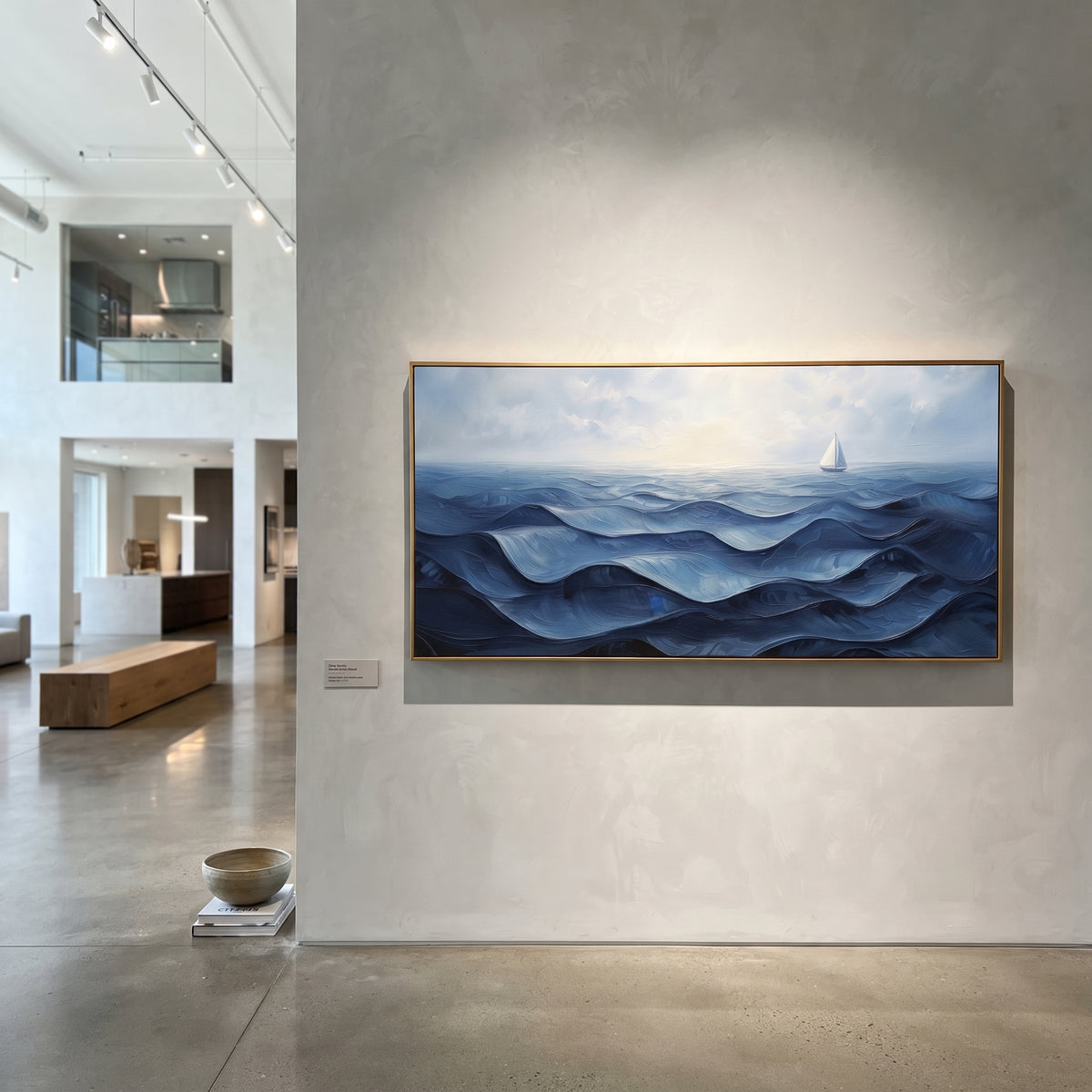Blue Sailboat Ocean Relief focuses on this hand-painted panoramic textured canvas presents layered blue ocean waves under a pale sky, with a small white sailboat near the horizon and softly raised impasto water movement. The composition is described from the actual main image, so the visible subject, color balance, spacing, and surface movement stay specific to this product instead of reading like a batch title. Raised palette-knife layers, sculpted impasto ridges, softened brush transitions