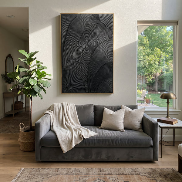 "Black Concentric Line Relief" - Modern Heavy Impasto Geometric Abstract | Black & Grey Palette Knife Painting | Luxury Vertical Wall Art #PT 1697