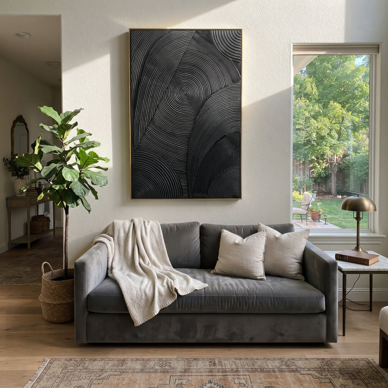 "Black Concentric Line Relief" - Modern Heavy Impasto Geometric Abstract | Black & Grey Palette Knife Painting | Luxury Vertical Wall Art #PT 1697