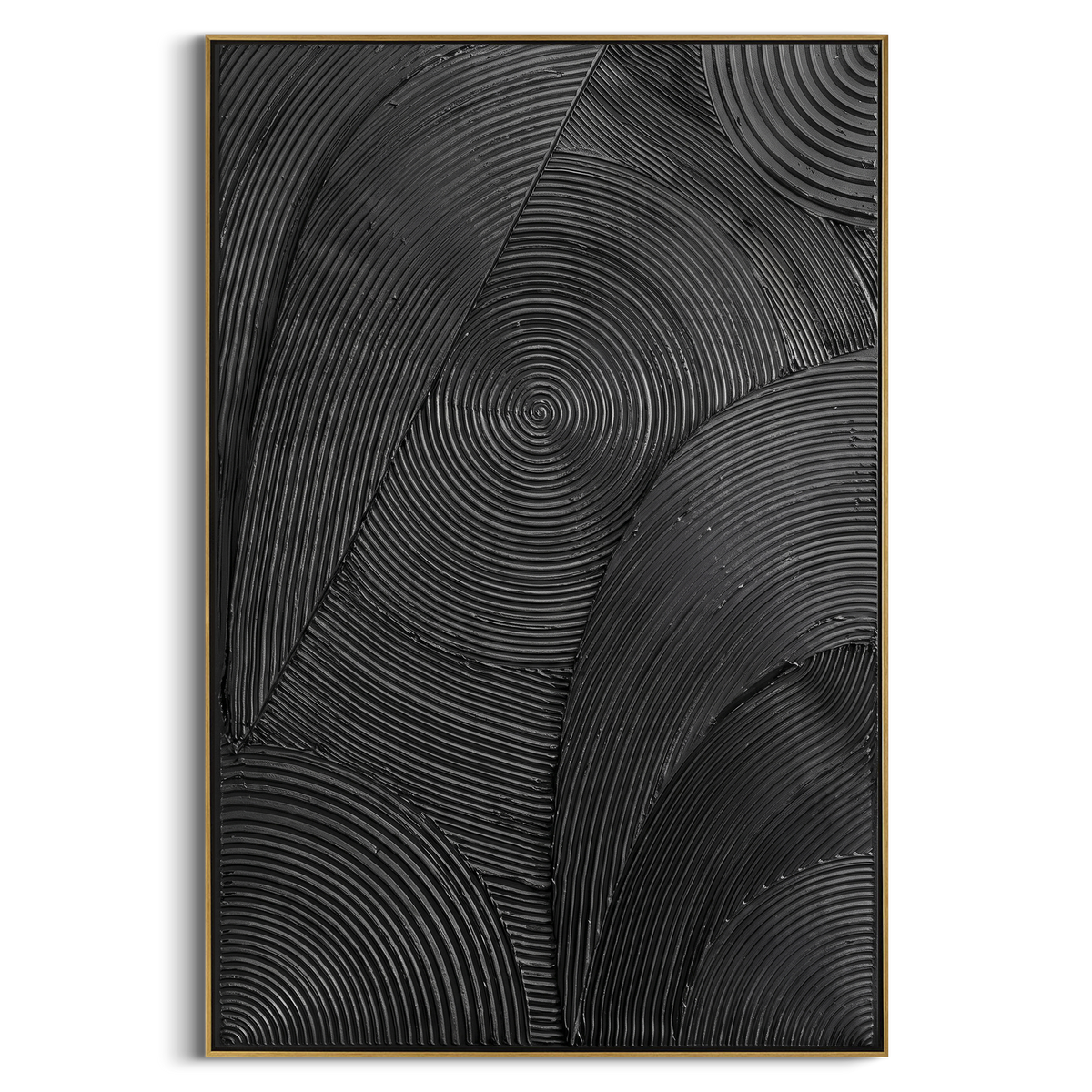"Black Concentric Line Relief" - Modern Heavy Impasto Geometric Abstract | Black & Grey Palette Knife Painting | Luxury Vertical Wall Art #PT 1697