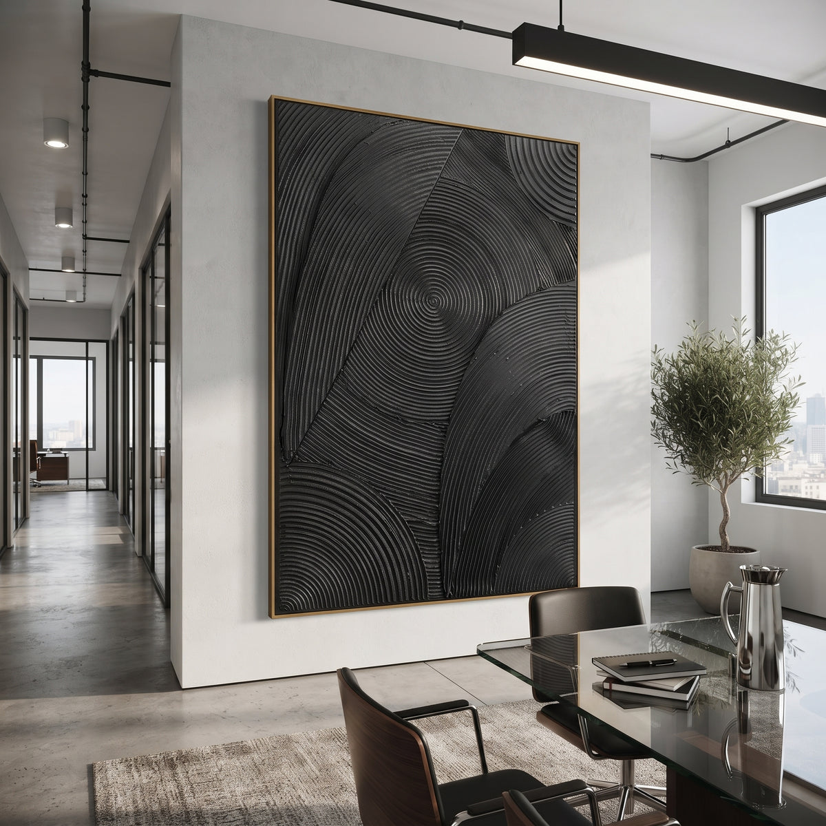 Black Concentric Line Relief focuses on this hand-painted vertical textured canvas features a monochrome black surface with carved concentric arcs, geometric panels, and raised linear relief that creates a refined modern pattern. The composition is described from the actual main image, so the visible subject, color balance, spacing, and surface movement stay specific to this product instead of reading like a batch title. Raised palette-knife layers, sculpted impasto ridges, softened brush