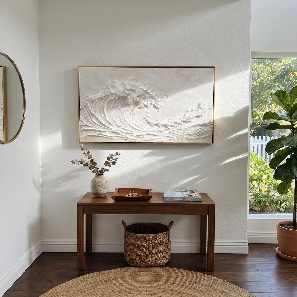 White Rolling Wave Relief focuses on this hand-painted panoramic textured canvas features an all-white curling ocean wave with raised foam, combed surf lines, and minimalist plaster texture across a calm neutral surface. The title and description are matched to the actual main image, so the visible subject, color balance, spacing, and surface movement stay specific to this product instead of using a repeated batch phrase. Raised palette-knife layers, sculpted impasto ridges, softened brush