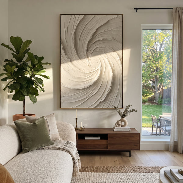 "White Spiral Vortex Plaster Relief" - Modern Heavy Impasto Abstract Artwork | White & Beige Palette Knife Painting | Luxury Vertical Wall Art #PT 1699