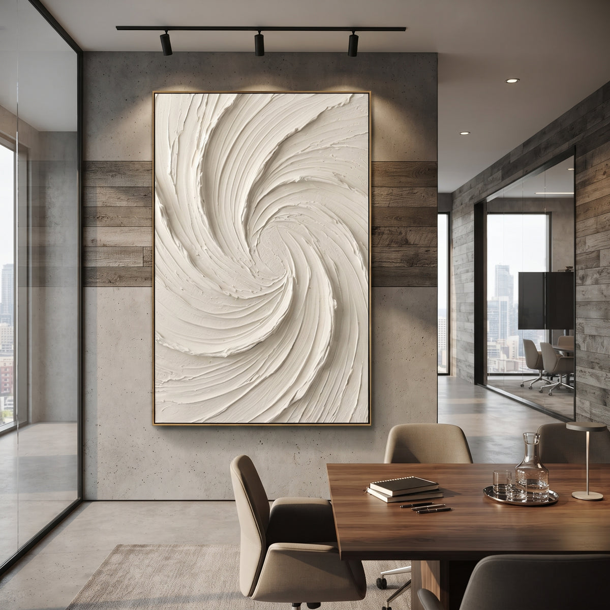 White Spiral Vortex Plaster Relief focuses on this hand-painted vertical textured canvas features a white spiral of sweeping palette-knife ridges, soft ivory shadows, and minimalist raised plaster movement. The title and description are matched to the actual main image, so the visible subject, color balance, spacing, and surface movement stay specific to this product instead of using a repeated batch phrase. Raised palette-knife layers, sculpted impasto ridges, softened brush transitions, and