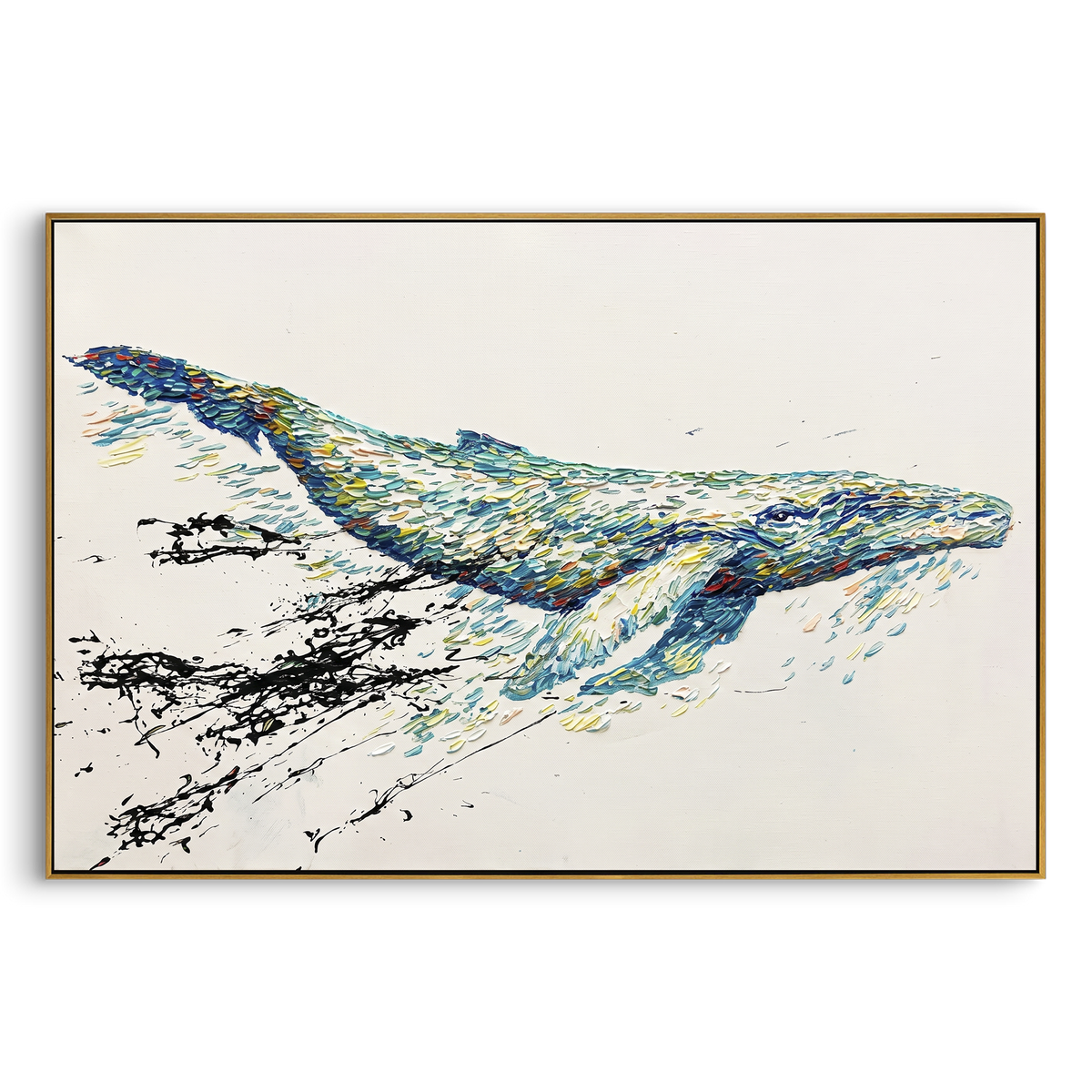 "Colorful Whale Impasto" - Modern Heavy Impasto Ocean Animal Artwork | Blue & Yellow Palette Knife Painting | Luxury Horizontal Wall Art #PT 1700