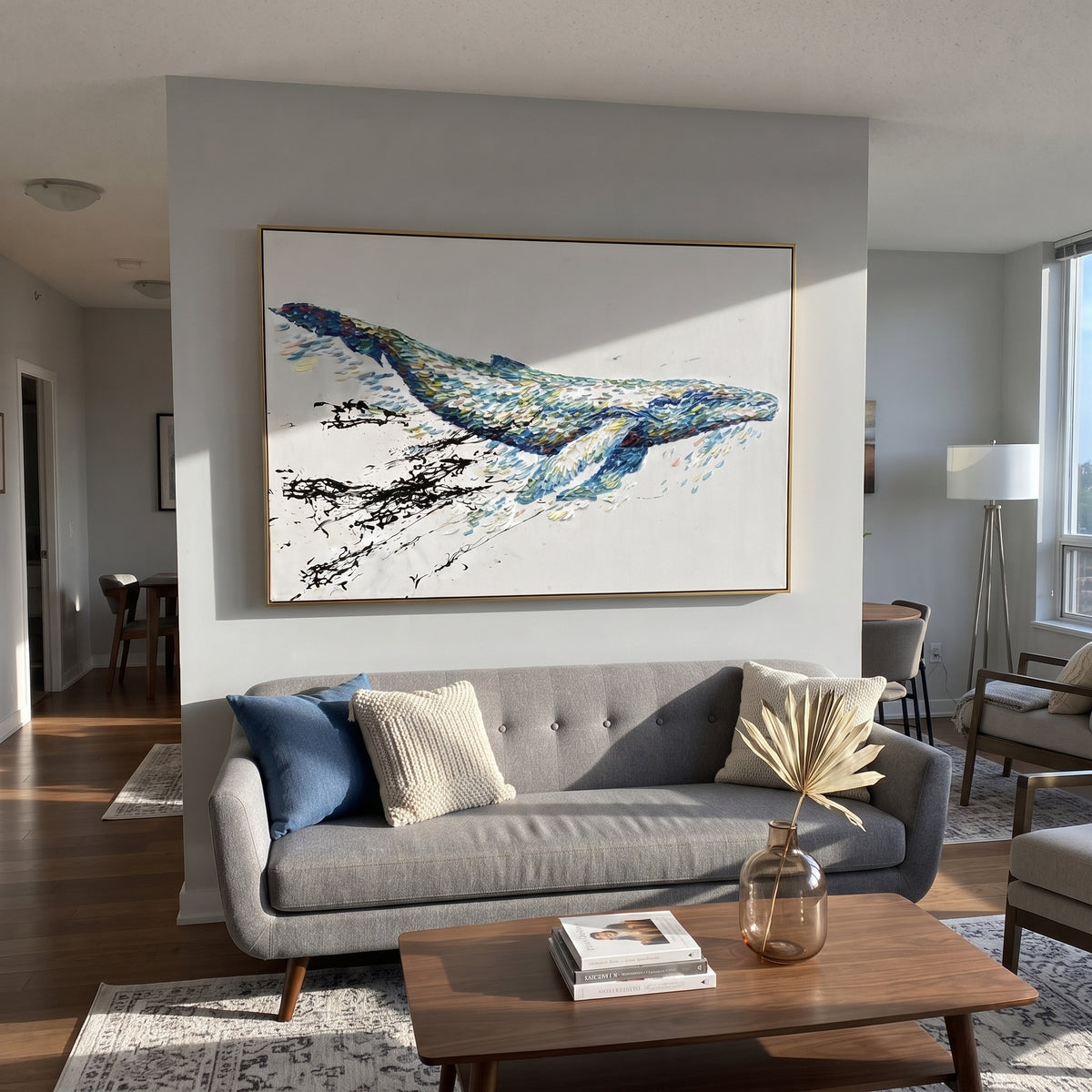 Colorful Whale Impasto focuses on this hand-painted horizontal textured canvas features a colorful whale form built from blue, teal, yellow, and red palette-knife strokes, with black splash-like marks on a clean white ground. The composition is described from the actual main image, so the visible subject, color balance, spacing, and surface movement stay specific to this product instead of reading like a batch title. Raised palette-knife layers, sculpted impasto ridges, softened brush