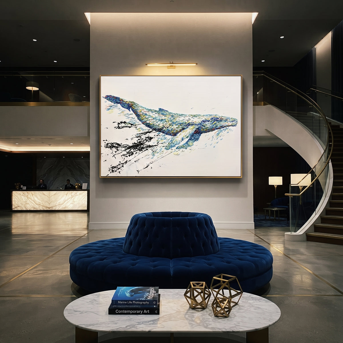 Colorful Whale Impasto focuses on this hand-painted horizontal textured canvas features a colorful whale form built from blue, teal, yellow, and red palette-knife strokes, with black splash-like marks on a clean white ground. The composition is described from the actual main image, so the visible subject, color balance, spacing, and surface movement stay specific to this product instead of reading like a batch title. Raised palette-knife layers, sculpted impasto ridges, softened brush