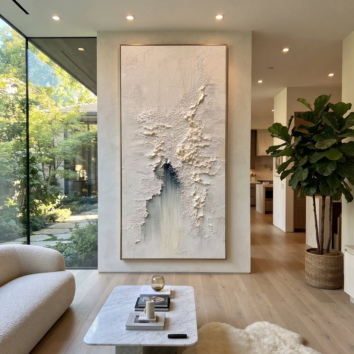White Fragmented Plaster Relief focuses on this hand-painted vertical textured canvas features a mostly white fragmented plaster surface with raised cracked texture, fine scraped marks, and a muted blue-grey vertical accent. The composition is described from the actual main image, so the visible subject, color balance, spacing, and surface movement stay specific to this product instead of reading like a batch title. Raised palette-knife layers, sculpted impasto ridges, softened brush