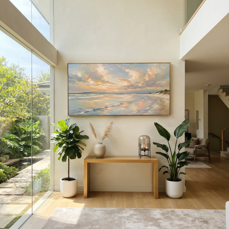 "Pastel Beach Sunset Seascape" - Modern Heavy Impasto Coastal Landscape | Blue & Beige Palette Knife Painting | Luxury Horizontal Wall Art #PT 1703