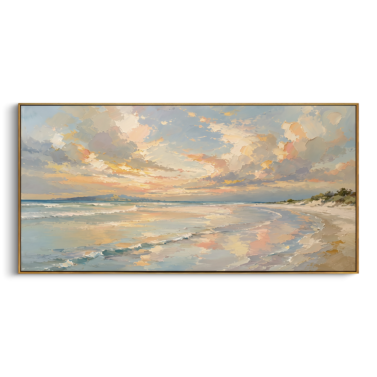 "Pastel Beach Sunset Seascape" - Modern Heavy Impasto Coastal Landscape | Blue & Beige Palette Knife Painting | Luxury Horizontal Wall Art #PT 1703