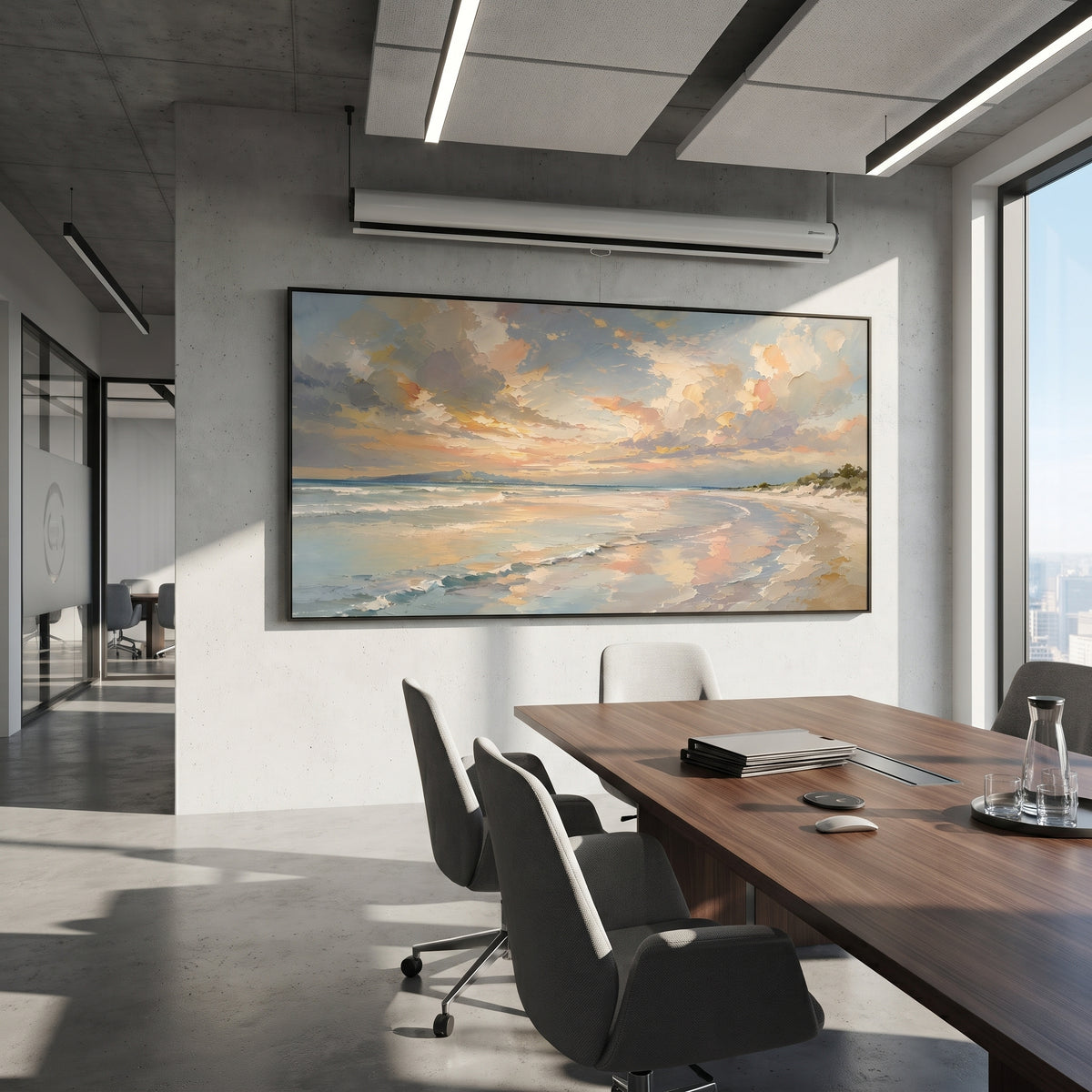 Pastel Beach Sunset Seascape focuses on this hand-painted panoramic textured canvas presents a soft beach sunset with pastel clouds, pale blue water, warm peach light, sandy shoreline, and layered impasto strokes. The composition is described from the actual main image, so the visible subject, color balance, spacing, and surface movement stay specific to this product instead of reading like a batch title. Raised palette-knife layers, sculpted impasto ridges, softened brush transitions, and