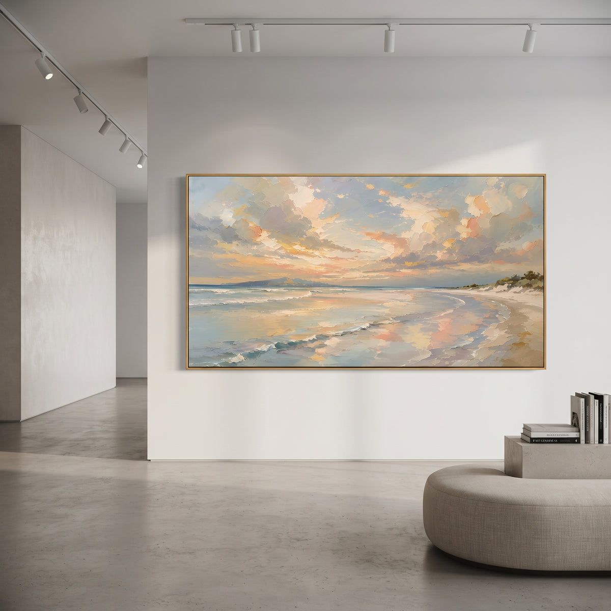 Pastel Beach Sunset Seascape focuses on this hand-painted panoramic textured canvas presents a soft beach sunset with pastel clouds, pale blue water, warm peach light, sandy shoreline, and layered impasto strokes. The composition is described from the actual main image, so the visible subject, color balance, spacing, and surface movement stay specific to this product instead of reading like a batch title. Raised palette-knife layers, sculpted impasto ridges, softened brush transitions, and